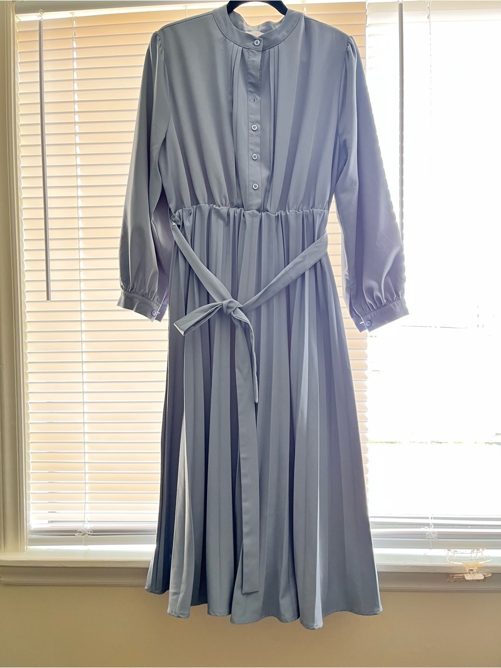 Dainty Jewells Light Blue Long Sleeve Pleated Midi Dress with Waist Tie